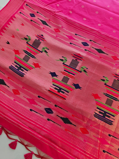Khadi Raw Silk Saree with Traditional Woven Border & Multicolor Motifs -PINK
