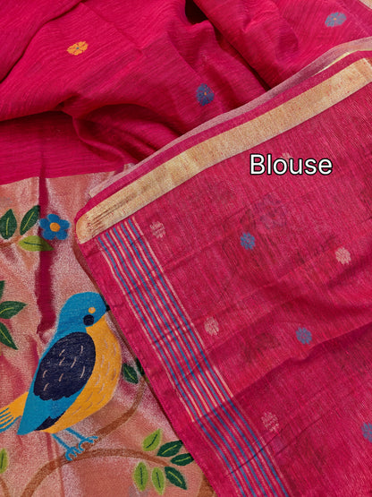 Pure Linen Saree With Zari Bird & Floral Pallu - PINK