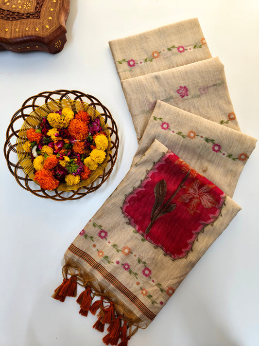 Muga Cotton Saree – Artistic Floral Panel Design -PINK