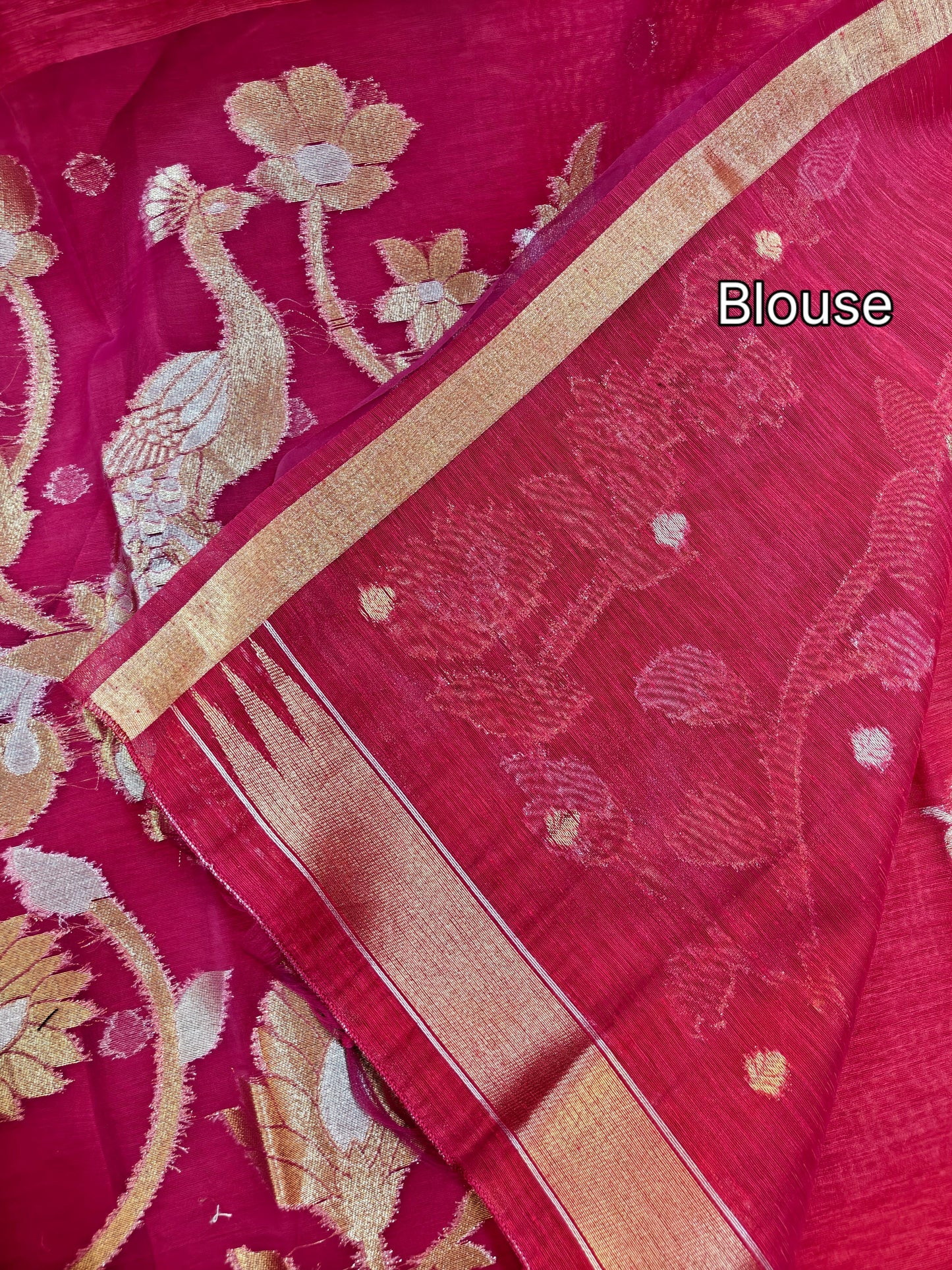 Pure Linen Saree with Antique Gold Floral & Peacock Zari Border - PINK