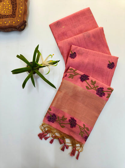 Pink Muga Cotton Saree | Floral Motif | Golden Zari Border | Ethnic Wear