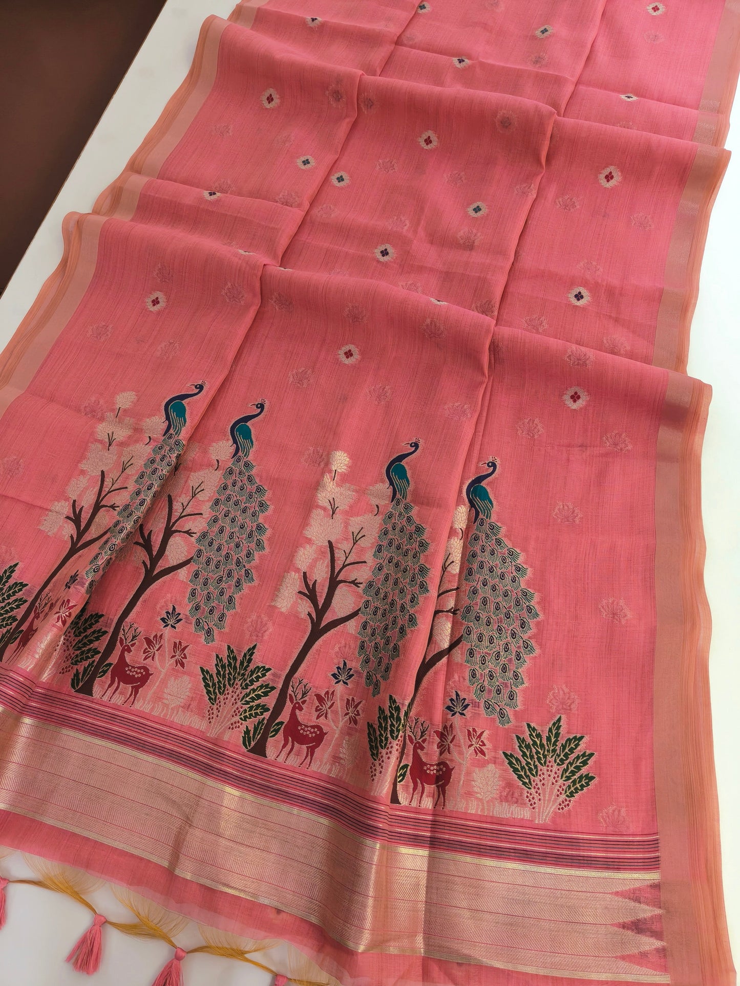 Soft Muga Cotton Maheswari Pattern Saree - Pink