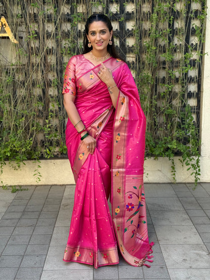 Khadi Raw Silk Saree | Traditional Floral & Parrot Design | Elegant Ethnic Saree - PINK