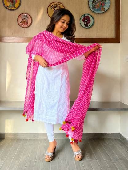 Classic Leheriya Pattern kota Cotton Dupatta-PINK
