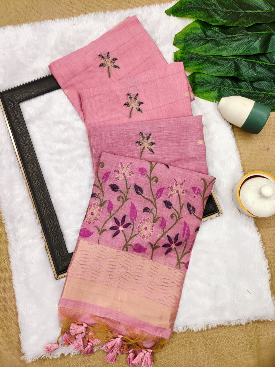 Soft Chanderi Cotton Saree with Intricate Floral Weaving- PINK