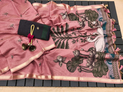 Swan Grace Floral Art Saree- PINK
