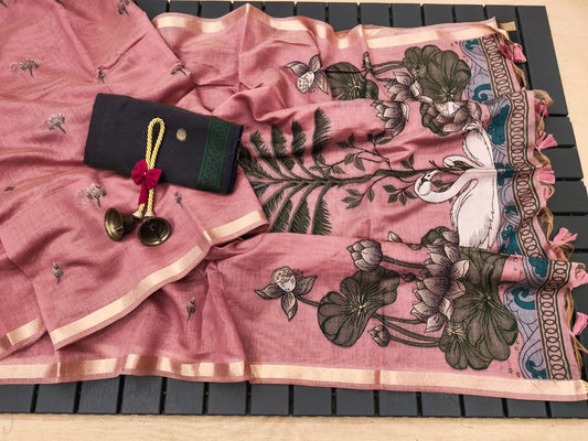 Swan Grace Floral Art Saree- PINK