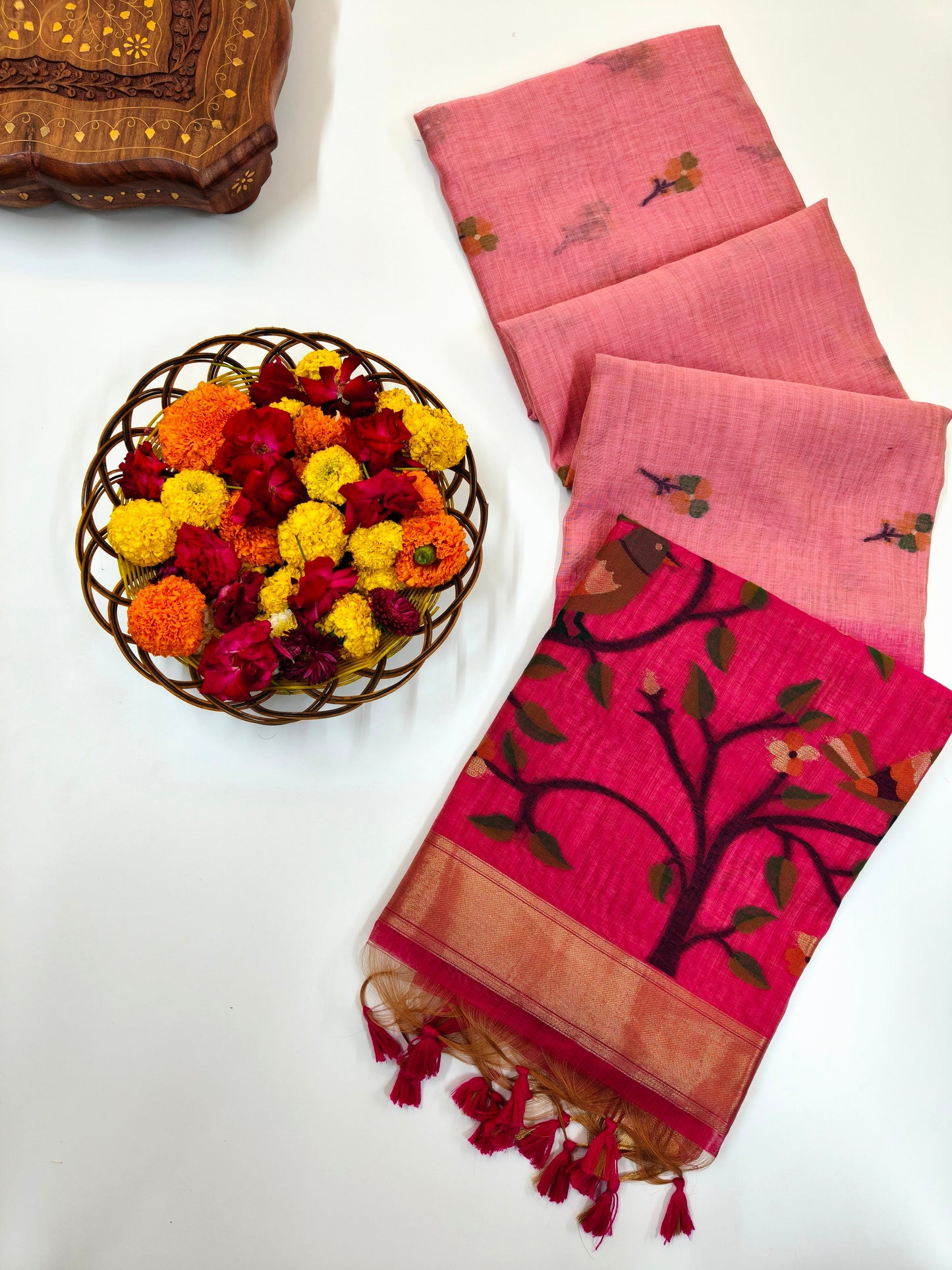 Muga Cotton Saree with Bird Motif With Contrast Blouse -PINK