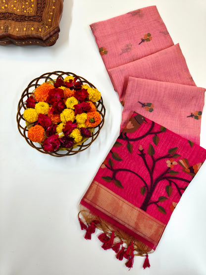 Muga Cotton Saree with Bird Motif With Contrast Blouse -PINK