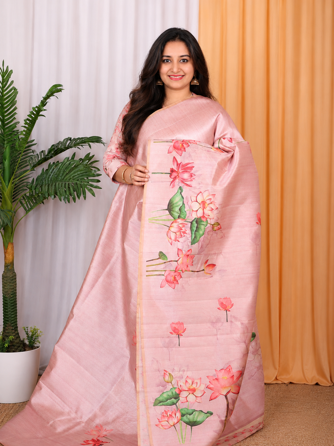 Lotus Print Tussar Silk Saree | Festive Pink | Blouse Included