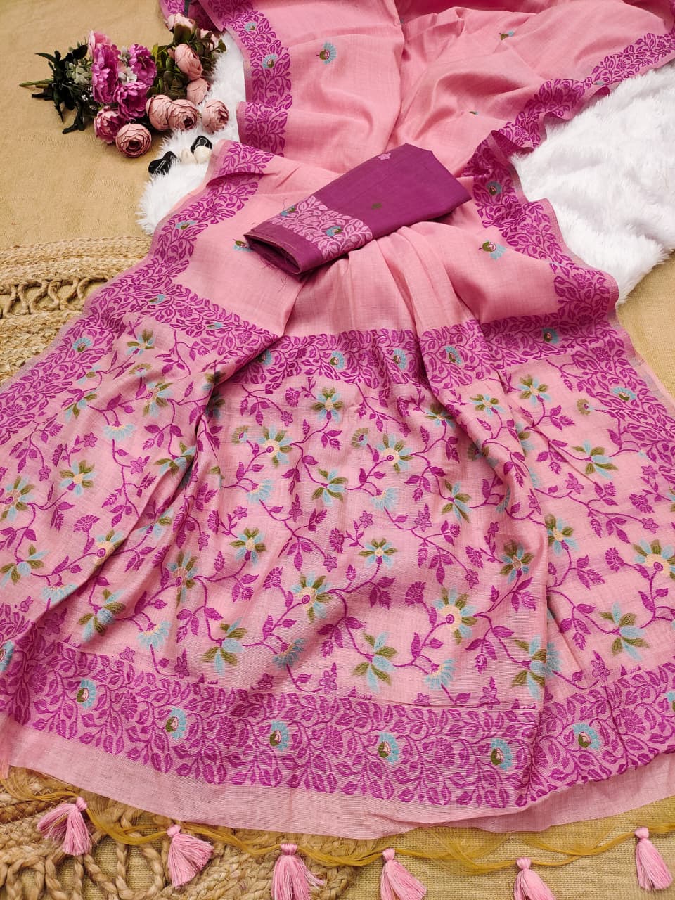 Elegant Chanderi Cotton Saree with All-Over Floral Weaving- PINK
