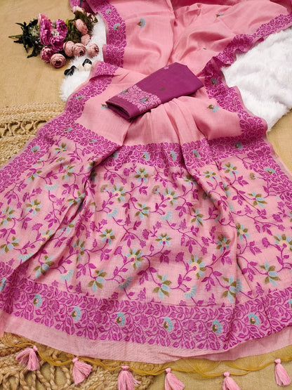 Elegant Chanderi Cotton Saree with All-Over Floral Weaving- PINK