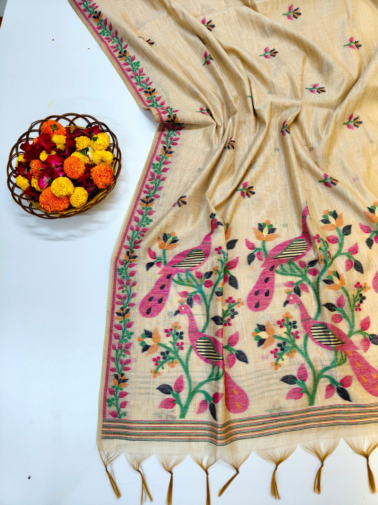Signature Muga Cotton Saree with Peacock Inspired Pallu - PINK