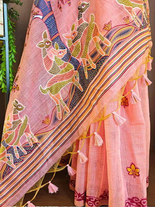 Classic Muga Cotton Saree with Unstitched Blouse and Artistic Border-PINK