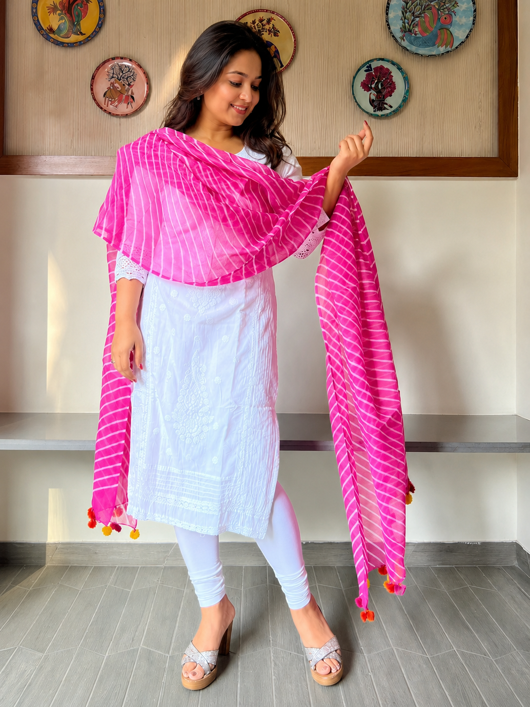 Classic Leheriya Pattern kota Cotton Dupatta-PINK