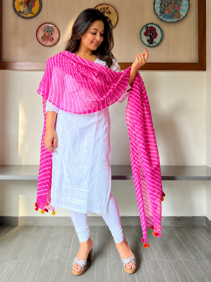 Classic Leheriya Pattern kota Cotton Dupatta-PINK
