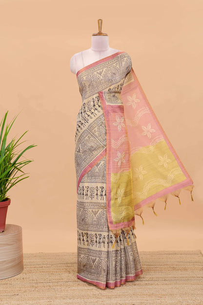 Tissue Tussar Zari Saree With Print Warli -  PINK-YELLOW