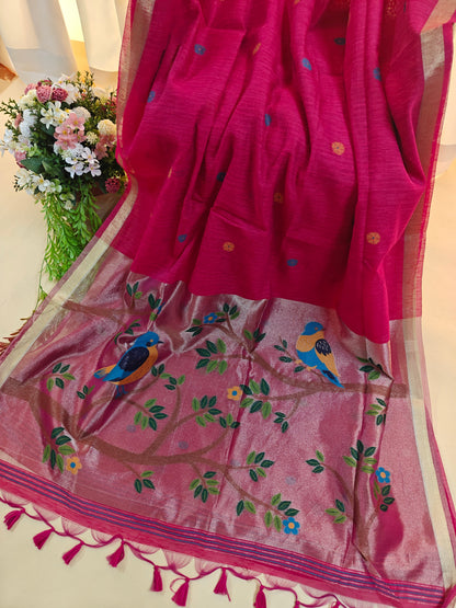 Pure Linen Saree With Zari Bird & Floral Pallu - PINK