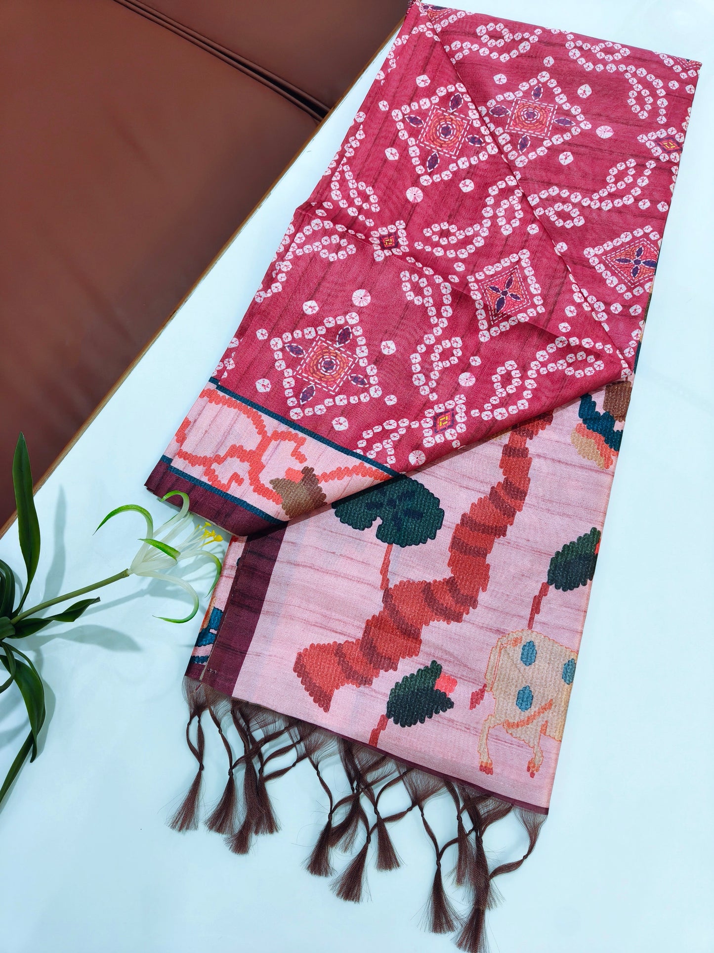 Kalamkari Printed Silk Blend Saree with Bandhani Pallu-PINK
