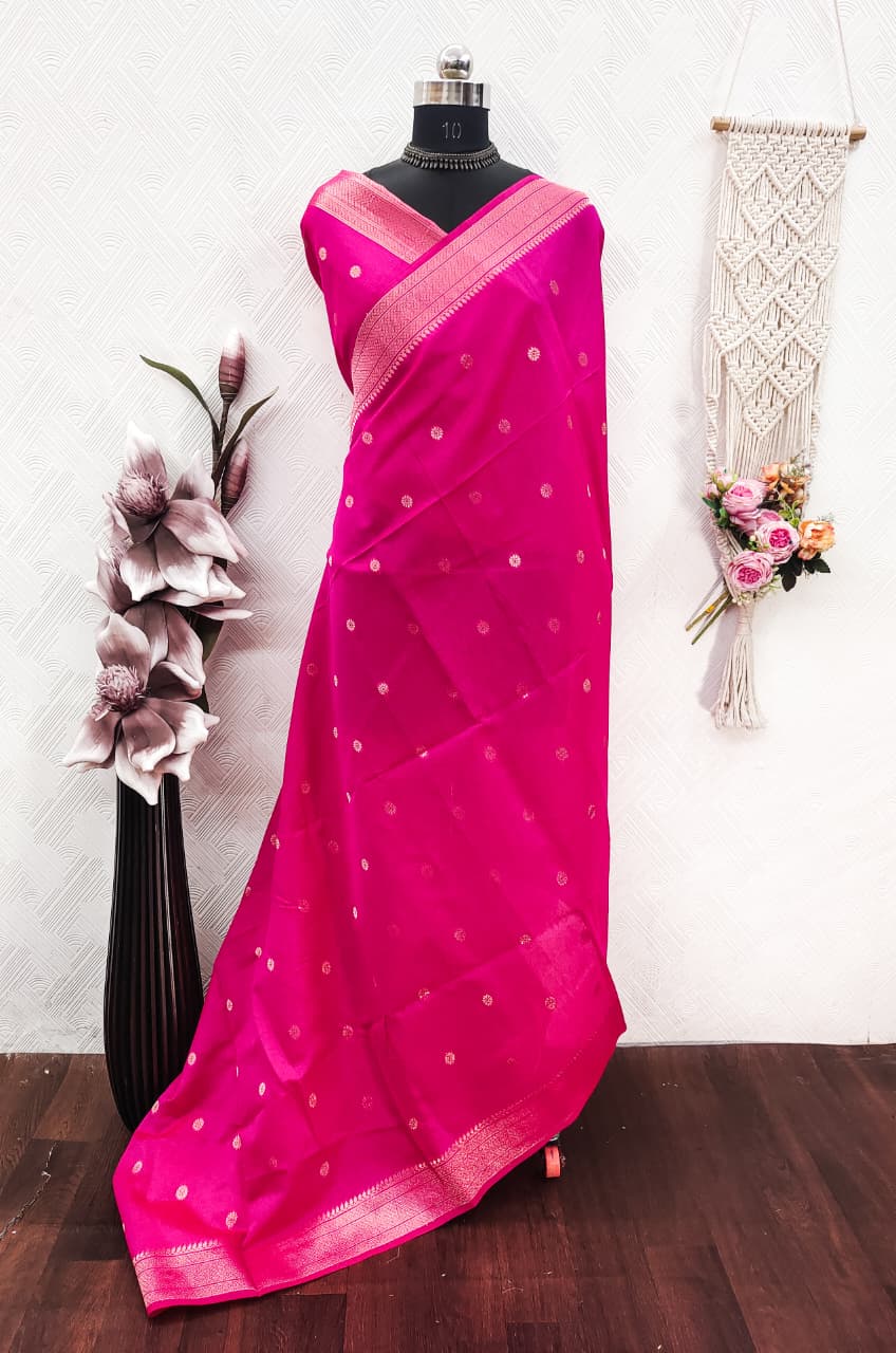 Khadi Raw Silk Saree with Traditional Woven Border & Multicolor Motifs -PINK