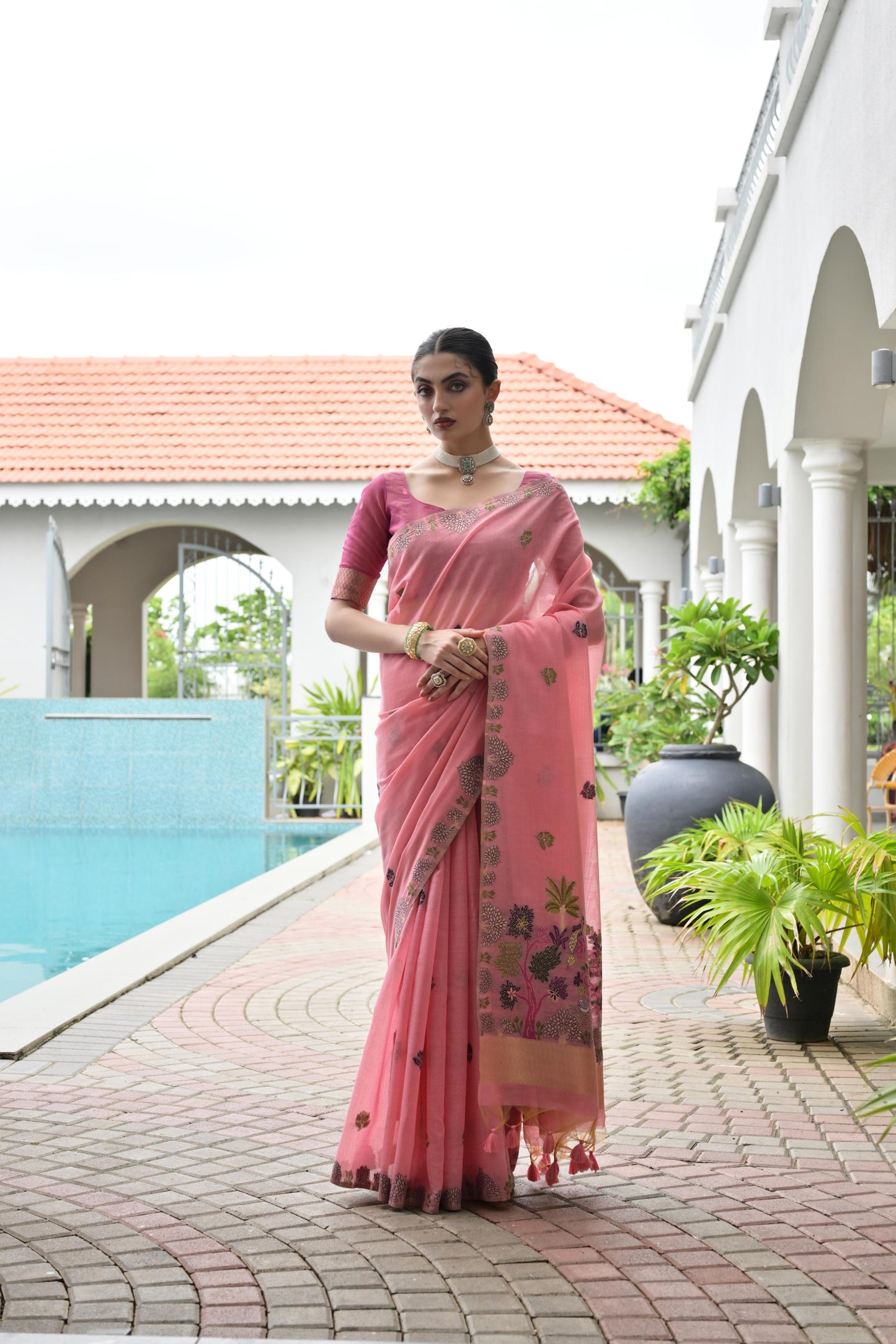 Premium Chanderi Cotton Handloom Saree- PINK