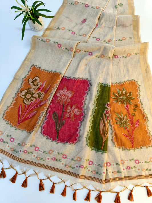 Muga Cotton Saree – Artistic Floral Panel Design -PINK