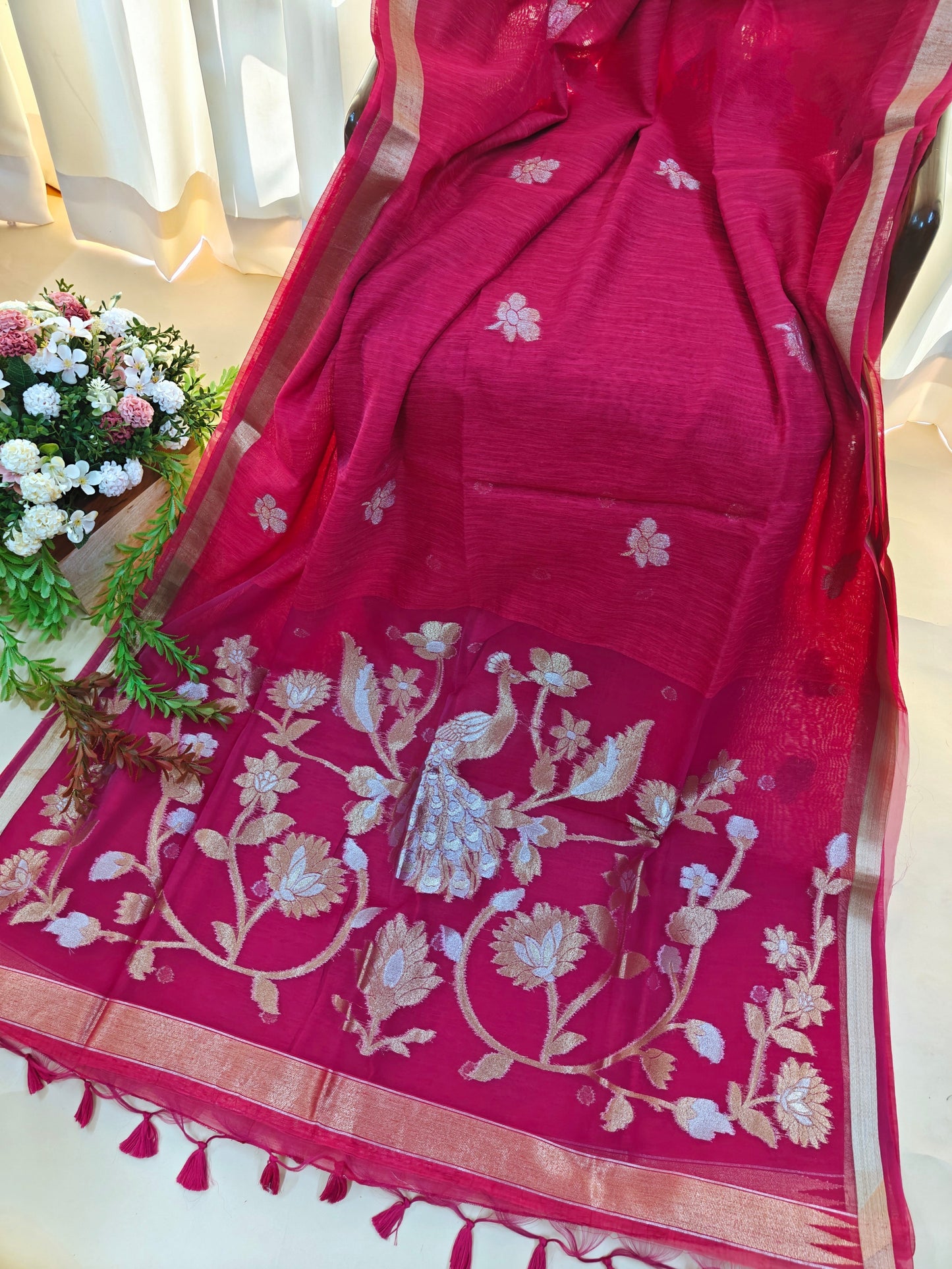 Pure Linen Saree with Antique Gold Floral & Peacock Zari Border - PINK