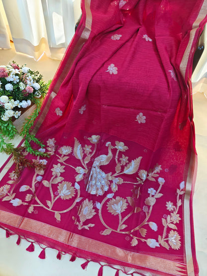 Pure Linen Saree with Antique Gold Floral & Peacock Zari Border - PINK