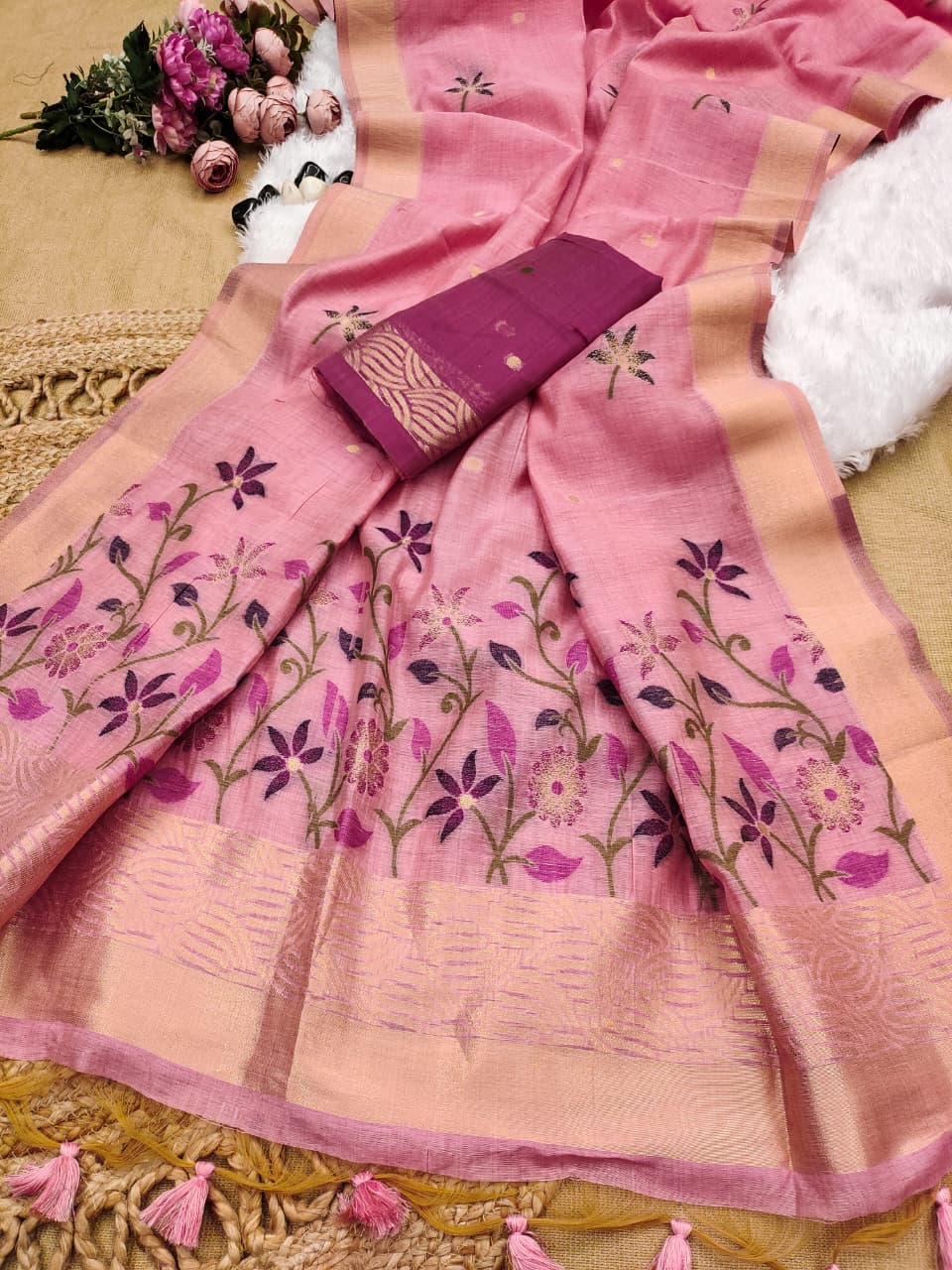 Soft Chanderi Cotton Saree with Intricate Floral Weaving- PINK
