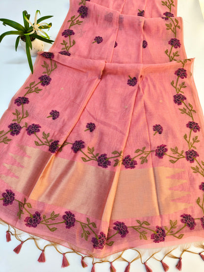 Pink Muga Cotton Saree | Floral Motif | Golden Zari Border | Ethnic Wear