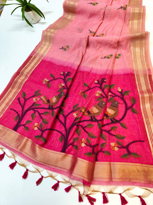 Muga Cotton Saree with Bird Motif With Contrast Blouse -PINK