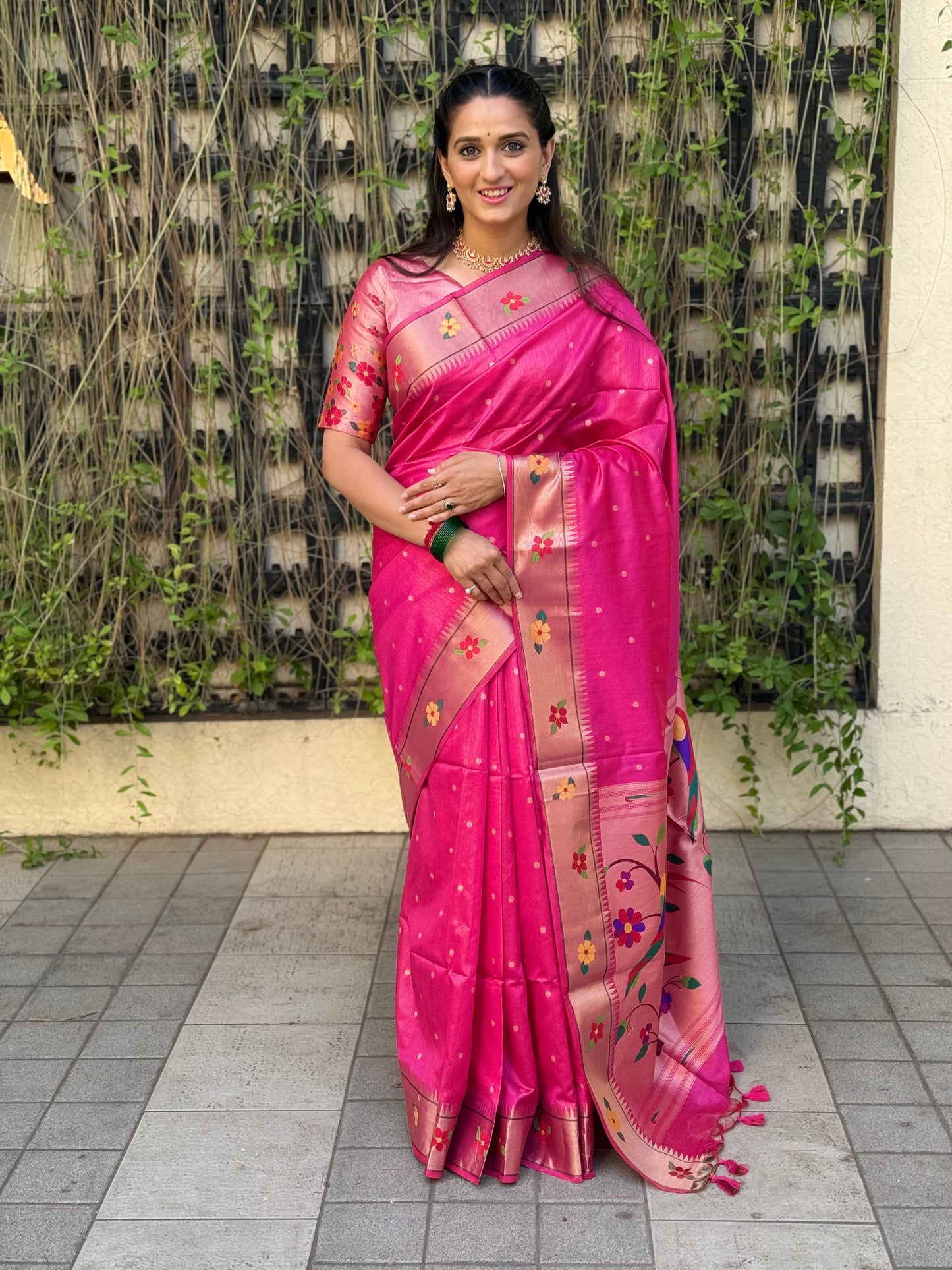 Khadi Raw Silk Saree | Traditional Floral & Parrot Design | Elegant Ethnic Saree - PINK