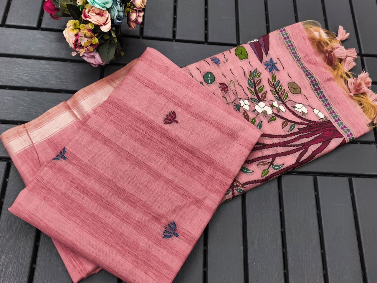 Pure Ghicha Cotton Saree with Traditional Pallu- PINK