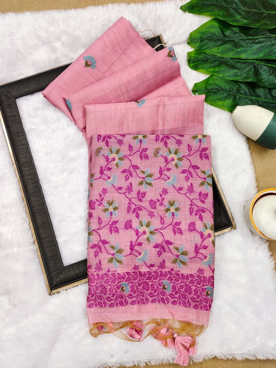 Elegant Chanderi Cotton Saree with All-Over Floral Weaving- PINK