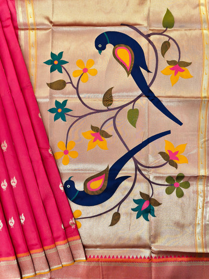 Heritage Hand-Weaving Silk Saree with Parrot Design- PINK