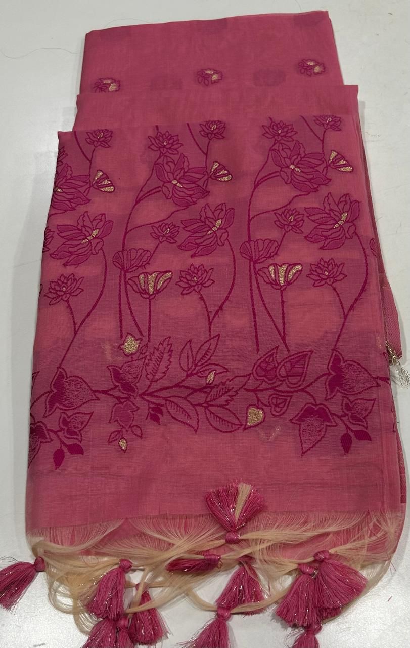 Handloom Chanderi Cotton Saree with Delicate Floral Motifs- PINK