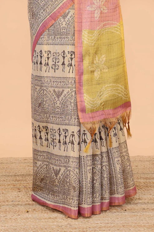 Tissue Tussar Zari Saree With Print Warli -  PINK-YELLOW