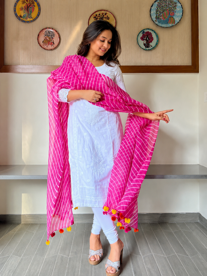 Classic Leheriya Pattern kota Cotton Dupatta-PINK