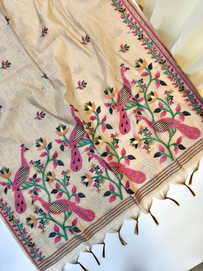 Signature Muga Cotton Saree with Peacock Inspired Pallu - PINK