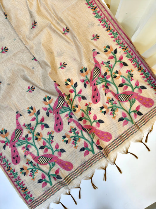 Signature Muga Cotton Saree with Peacock Inspired Pallu - PINK