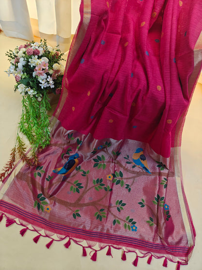 Pure Linen Saree With Zari Bird & Floral Pallu - PINK
