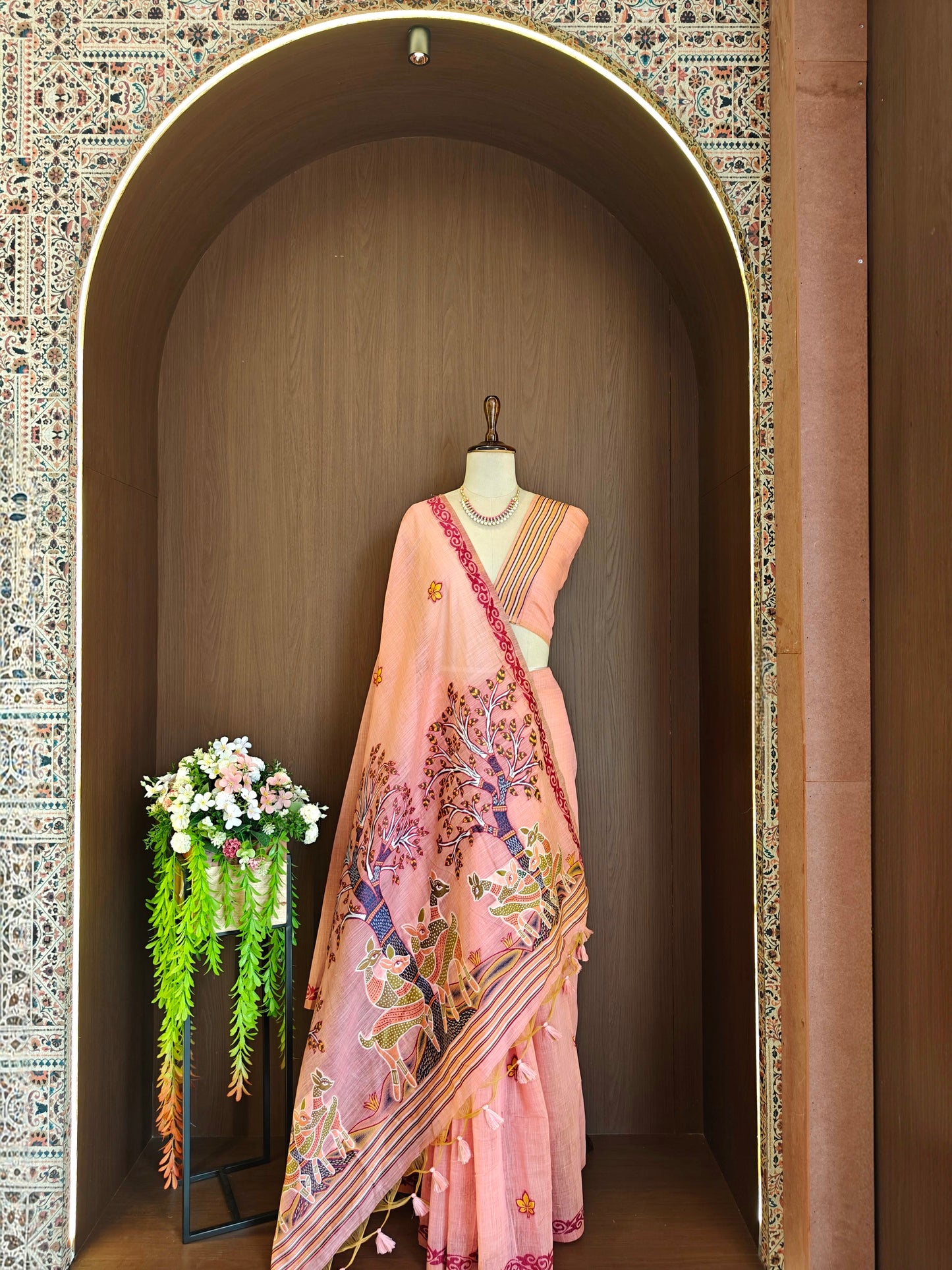 Classic Muga Cotton Saree with Unstitched Blouse and Artistic Border-PINK