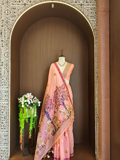 Classic Muga Cotton Saree with Unstitched Blouse and Artistic Border-PINK