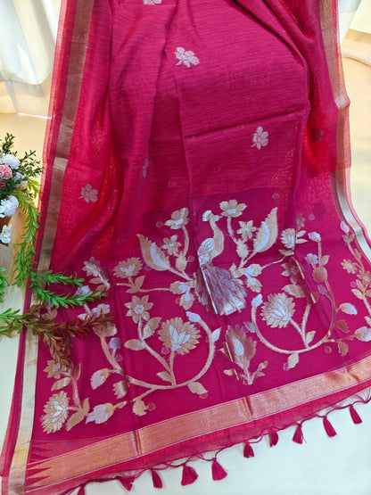 Pure Linen Saree with Antique Gold Floral & Peacock Zari Border - PINK