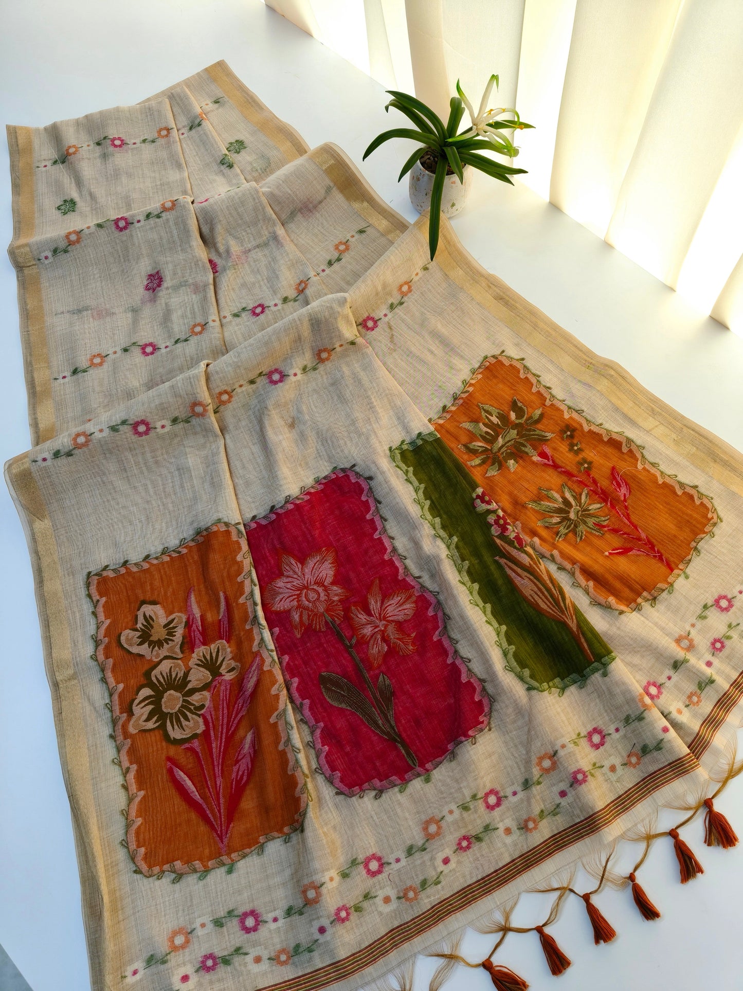 Muga Cotton Saree – Artistic Floral Panel Design -PINK