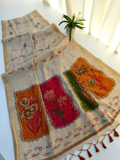 Muga Cotton Saree – Artistic Floral Panel Design -PINK