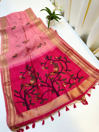 Muga Cotton Saree with Bird Motif With Contrast Blouse -PINK