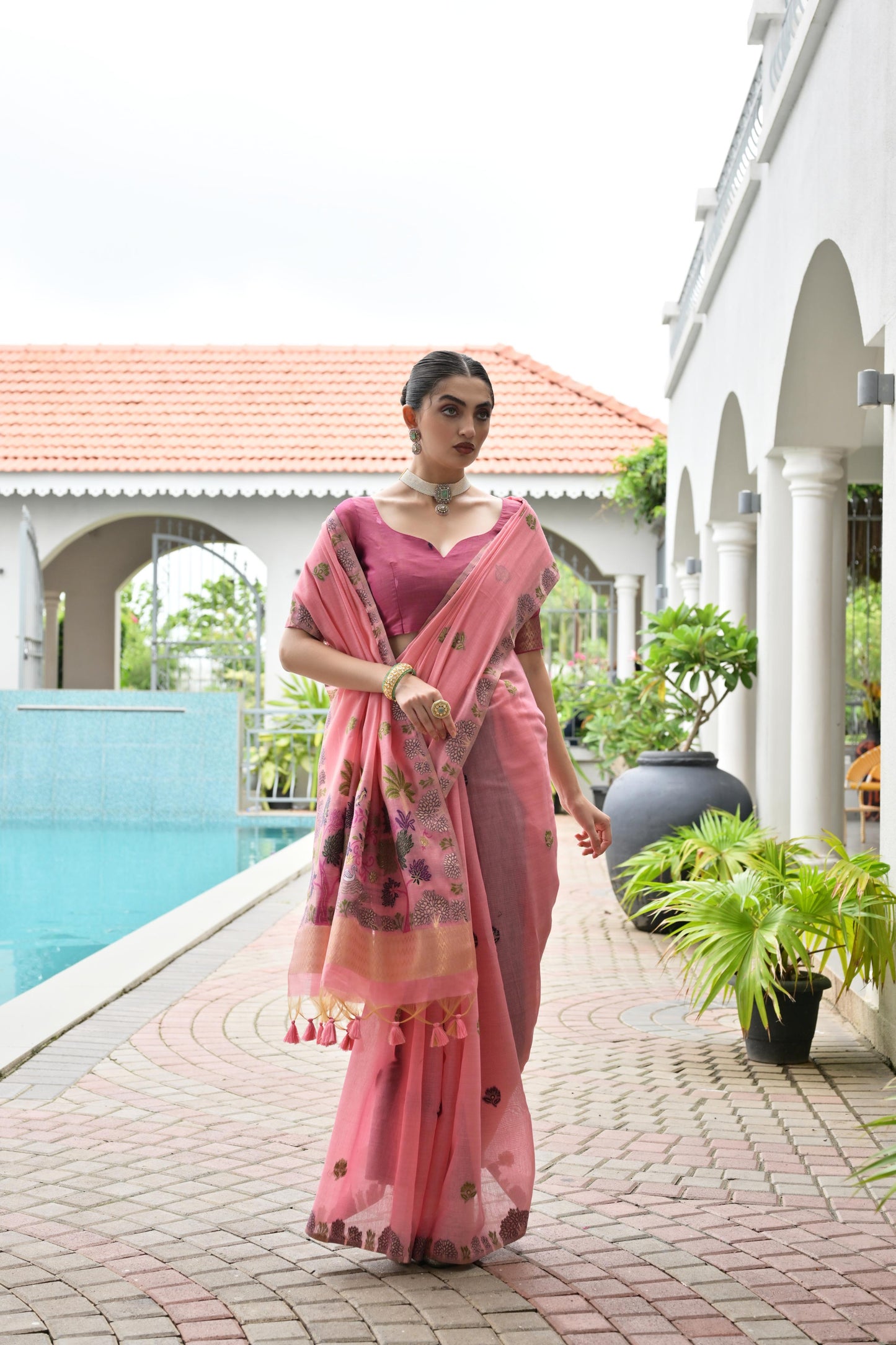 Premium Chanderi Cotton Handloom Saree- PINK