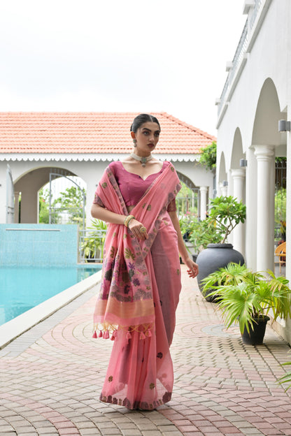 Premium Chanderi Cotton Handloom Saree- PINK