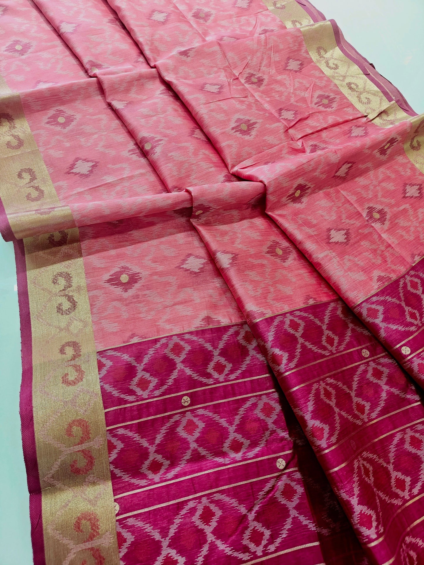 Raw Silk Ikkat Saree With Zari Woven Border-PINK